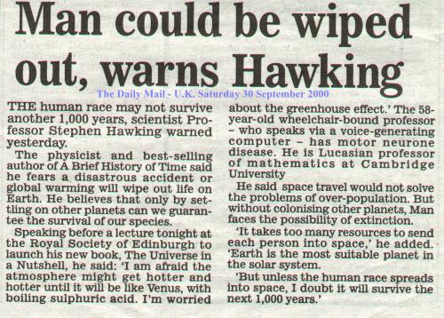 Man could be wiped out, warns Hawking